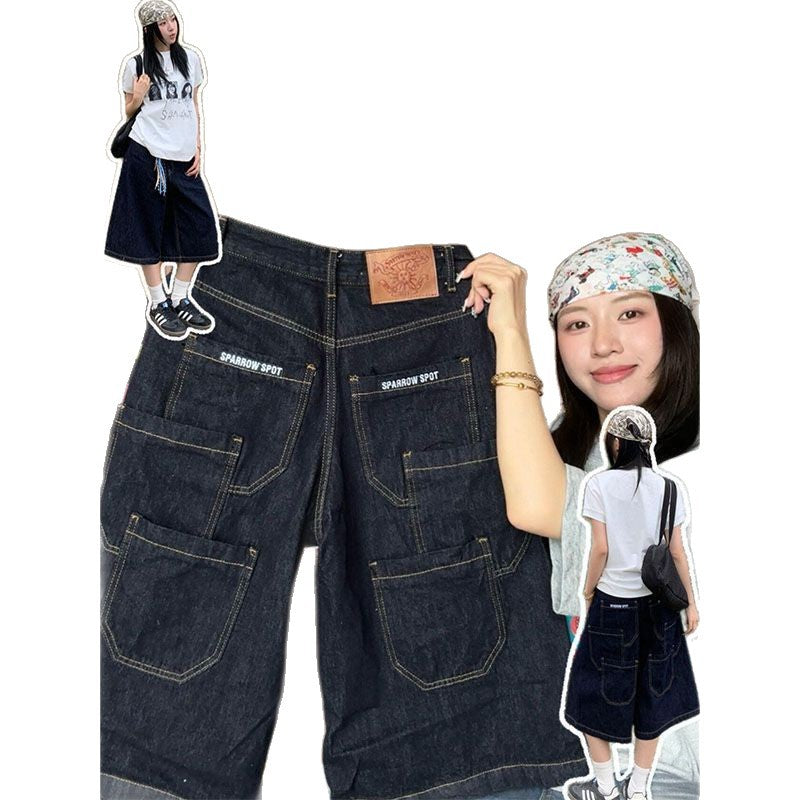 Multi-Pocket Cargo Denim Capri Pants Wide Leg Loose Straight Jorts