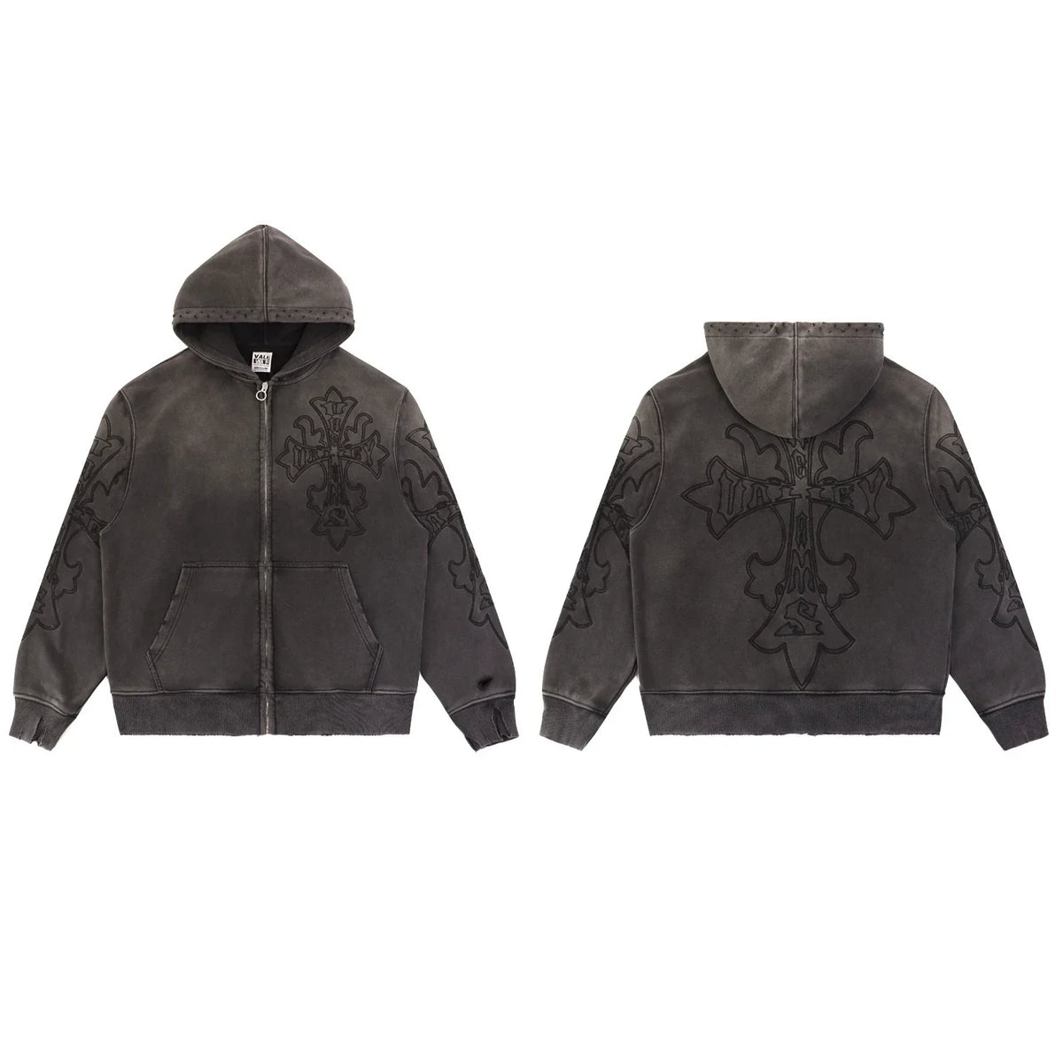 Vale Forever Washed Black Embroidered Cross Full Zip Hoodie