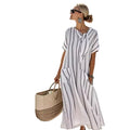Women Boho Vertical Striped Tie Neck Pocket Loose Maxi Beach Dress