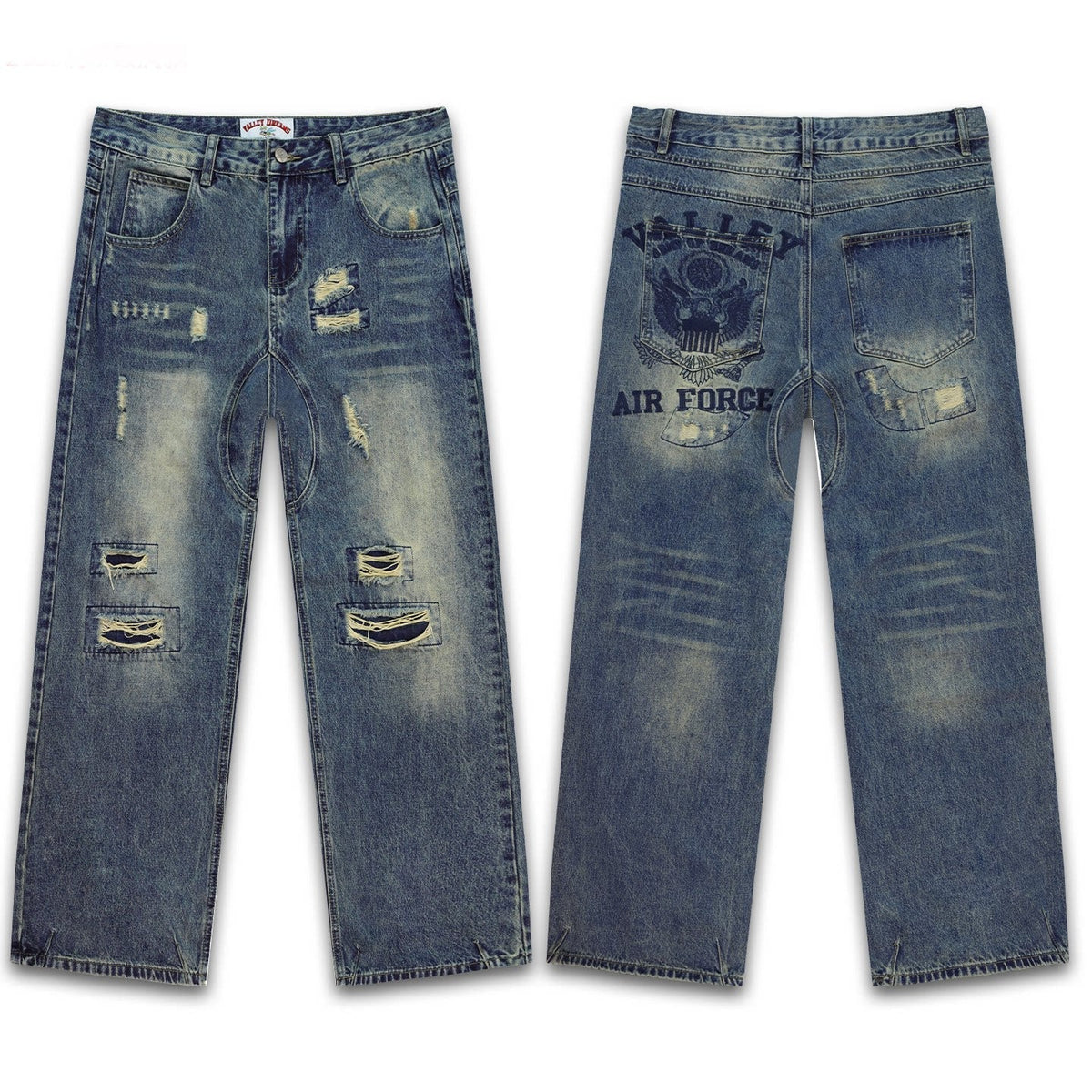 Vale Forever Dark Blue Distressed Air Force Graphic Wide Leg Jeans