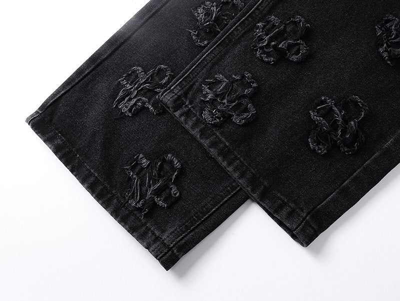 Ksubi Black Distressed Cross Embroidered Straight-Leg Jeans