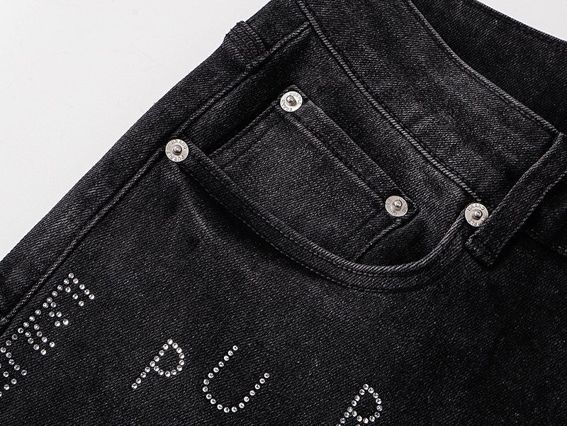 Purple Brand Black Rhinestone Graphic Denim Shorts