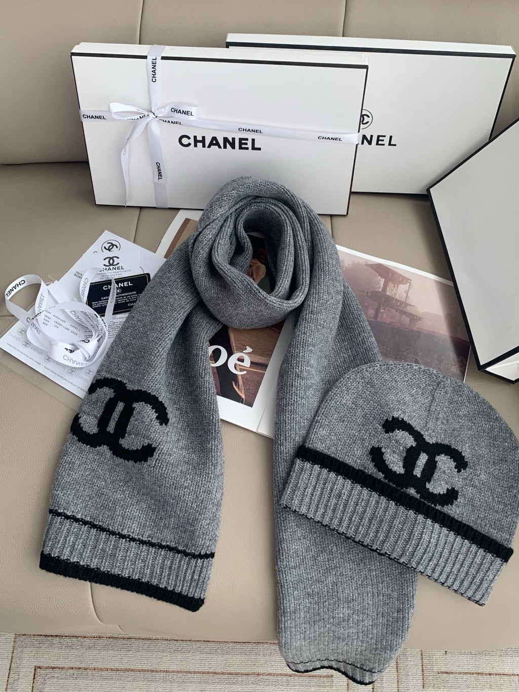 Chanel Style Logo Knit Scarf and Beanie Set