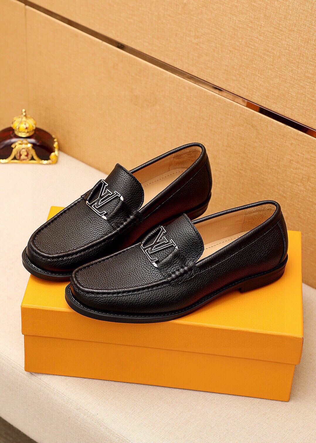 Louis Vuitton Black Pebbled Loafers - Monogram Detail