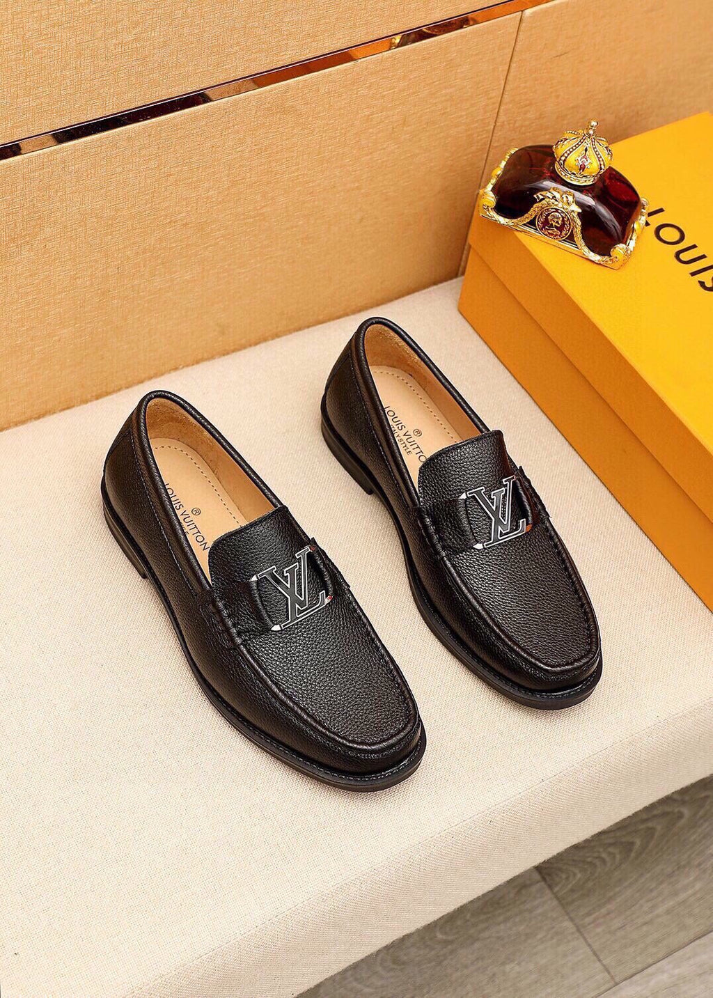 Louis Vuitton Black Pebbled Loafers - Monogram Detail
