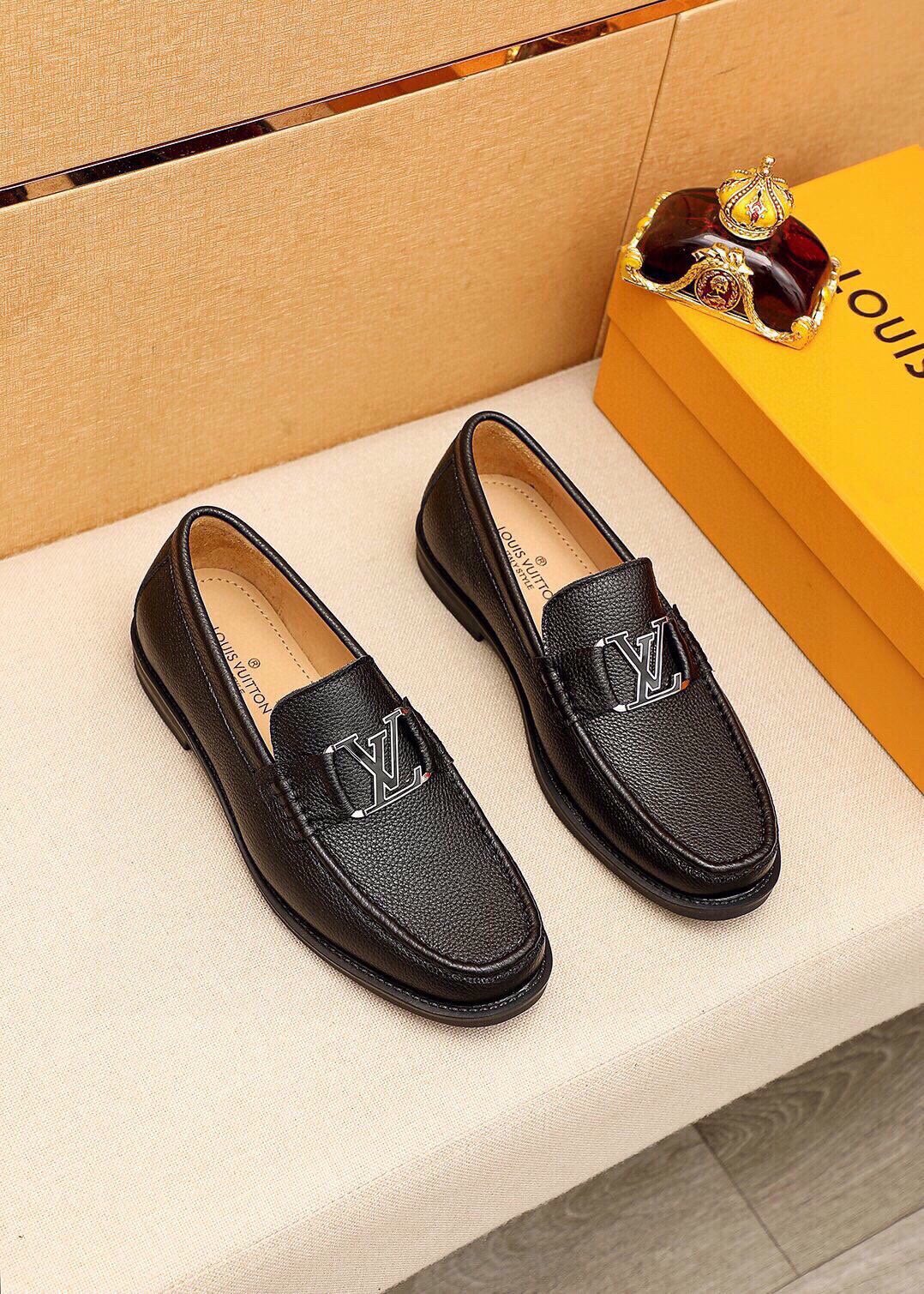 Louis Vuitton Black Pebbled Loafers - Monogram Detail