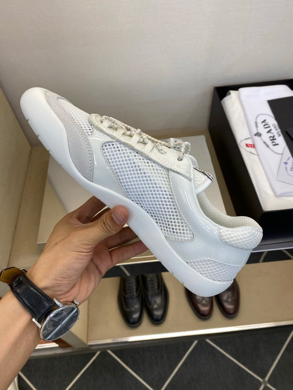 Prada Men's White Mesh Panel Sneakers