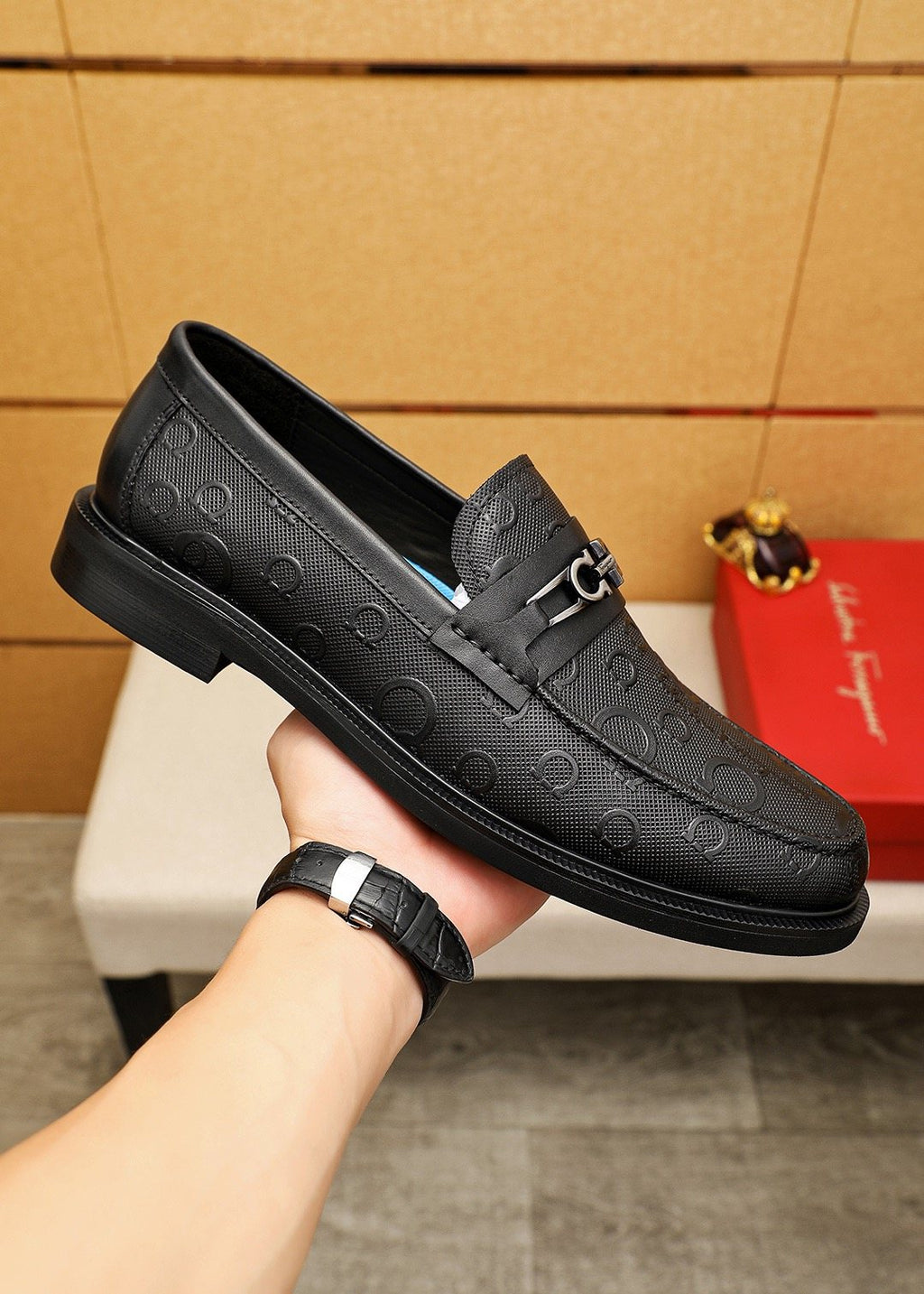 Ferragamo Black Embossed Buckle Loafers - Blue Leather Lining