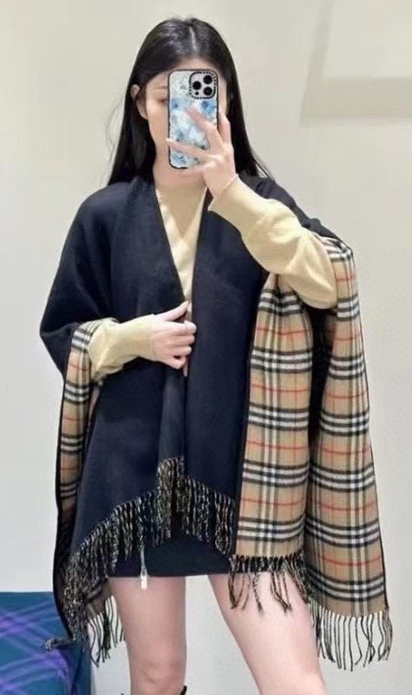 Burberry Reversible Plaid Fringed Poncho Wrap