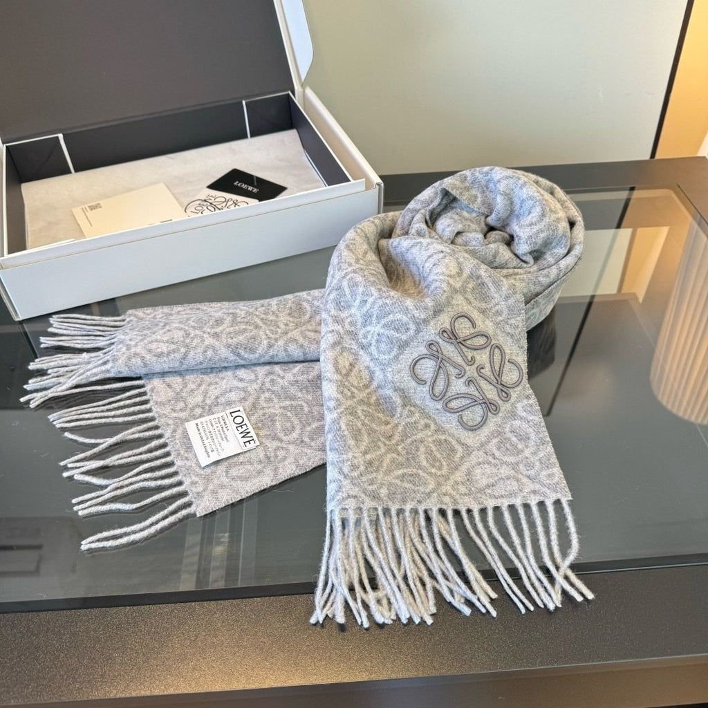 Loewe Charcoal Gray & Ivory Fringed Scarf