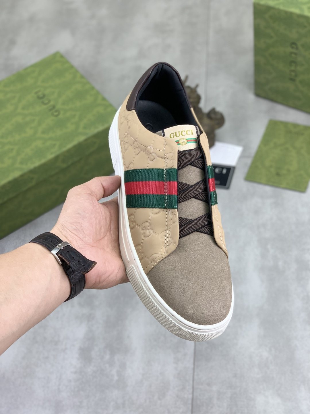 Gucci Green-Red Stripe Slip-On Sneakers