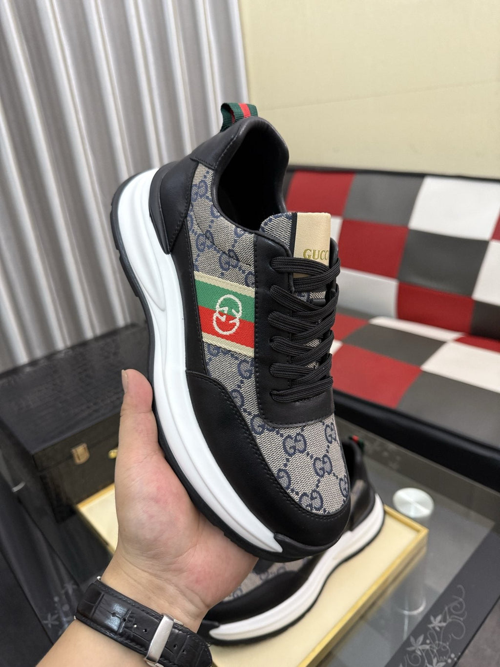 Gucci Men's Monogram Stripe Low-Top Sneakers - Layered Rubber Sole